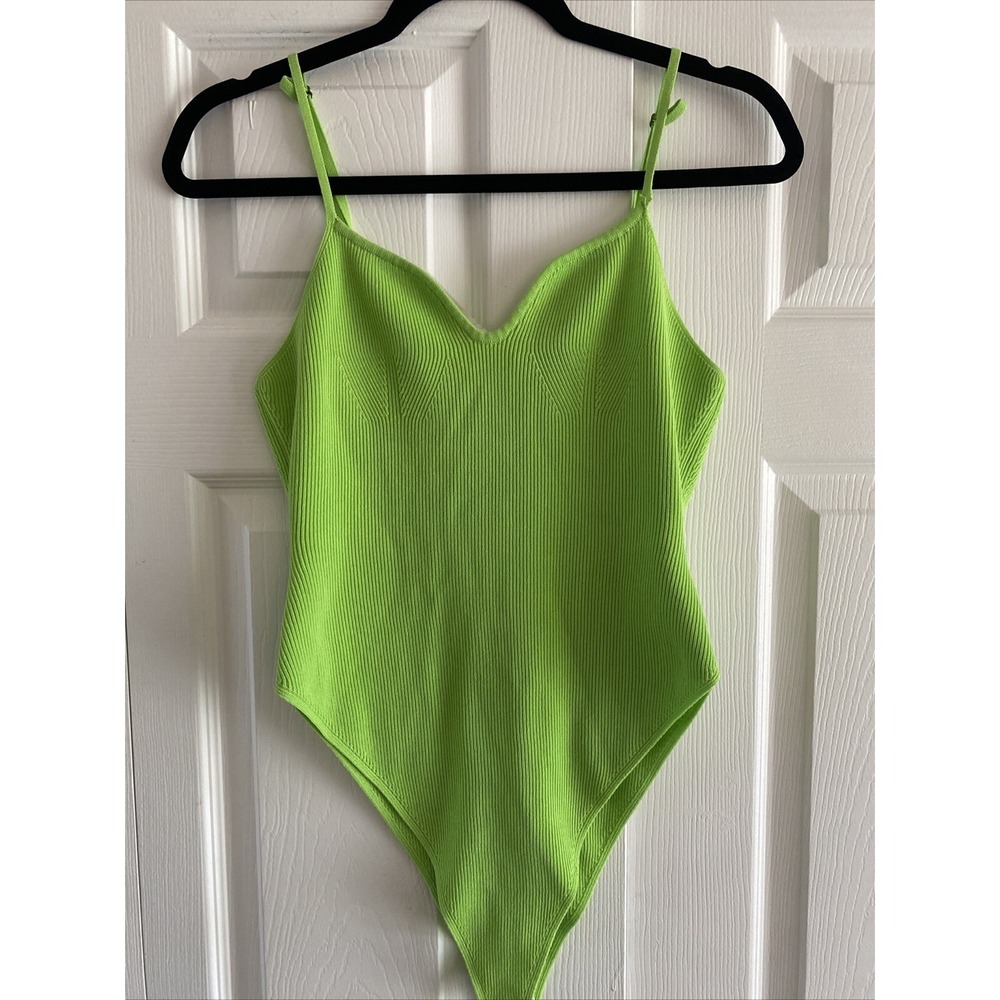 Grey Lab Ribbed Knit V-Neck Bodysuit Womens Size M Lime Green Neon